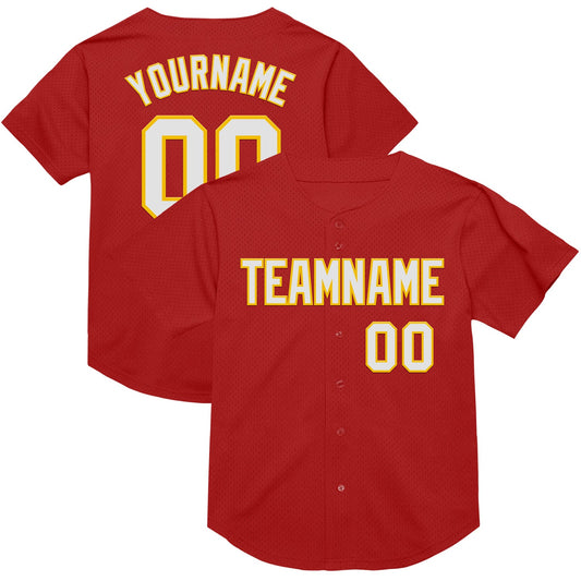 Custom Red White-Yellow Mesh Authentic Throwback Baseball Jersey - Sky-Custom