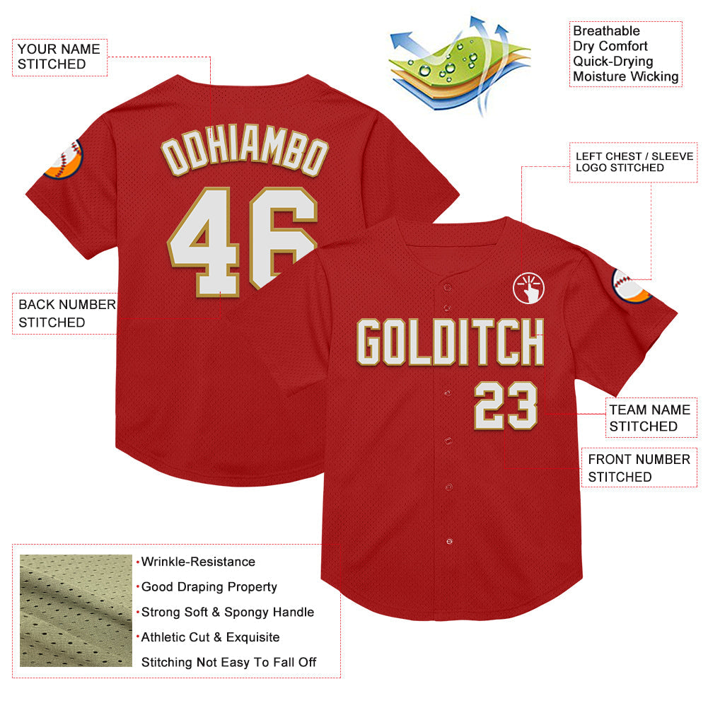 Custom Red White-Old Gold Mesh Authentic Throwback Baseball Jersey - Sky-Custom