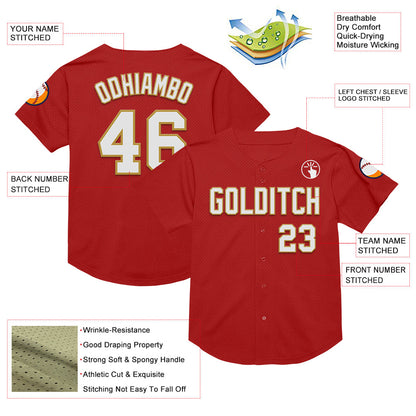 Custom Red White-Old Gold Mesh Authentic Throwback Baseball Jersey - Sky-Custom