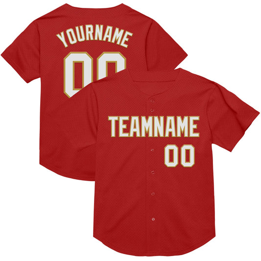 Custom Red White-Old Gold Mesh Authentic Throwback Baseball Jersey - Sky-Custom
