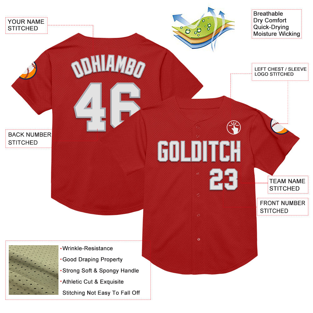 Custom Red White-Gray Mesh Authentic Throwback Baseball Jersey - Sky-Custom