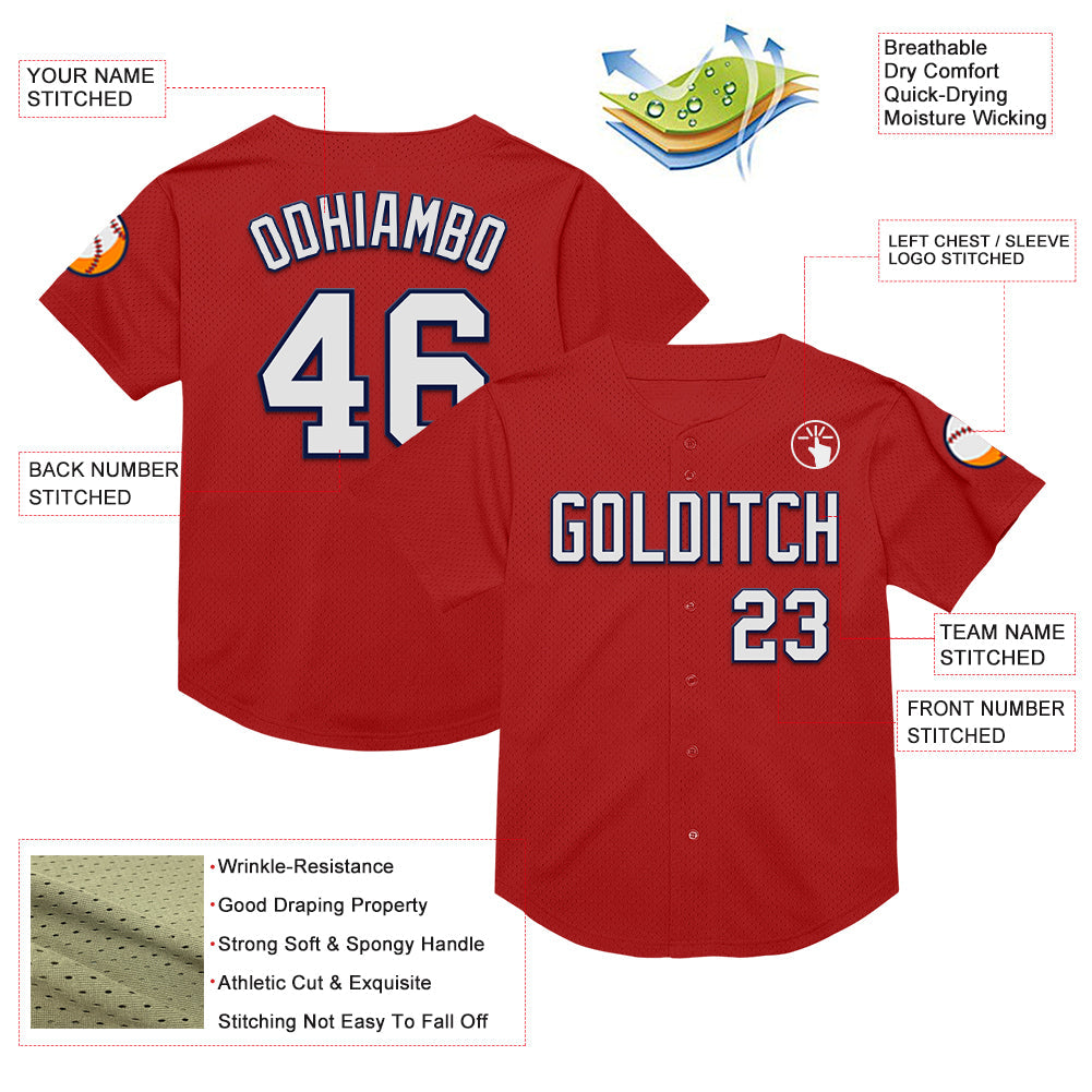 Custom Red White-Navy Mesh Authentic Throwback Baseball Jersey - Sky-Custom