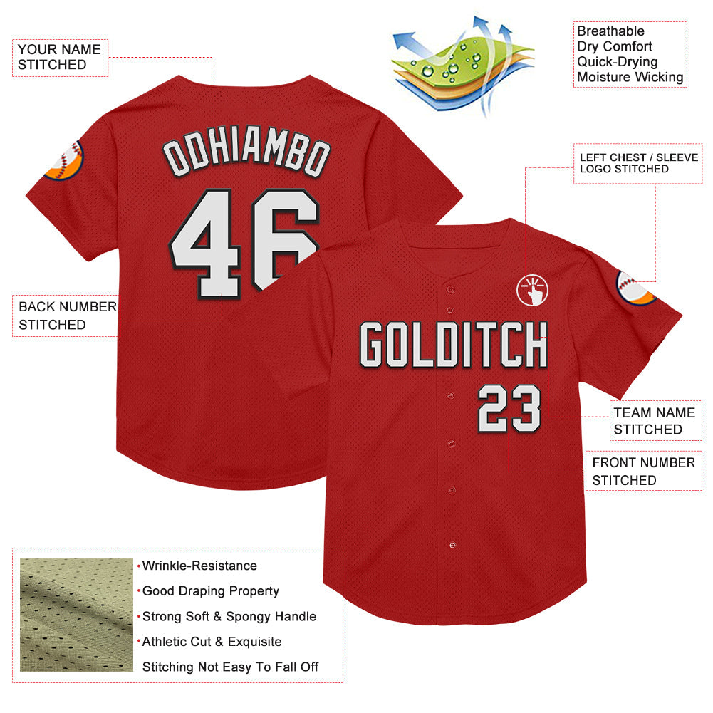 Custom Red White-Black Mesh Authentic Throwback Baseball Jersey - Sky-Custom