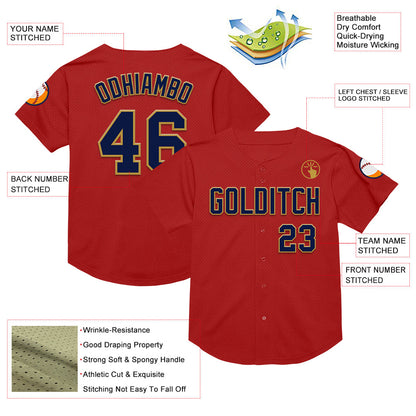 Custom Red Navy-Old Gold Mesh Authentic Throwback Baseball Jersey - Sky-Custom