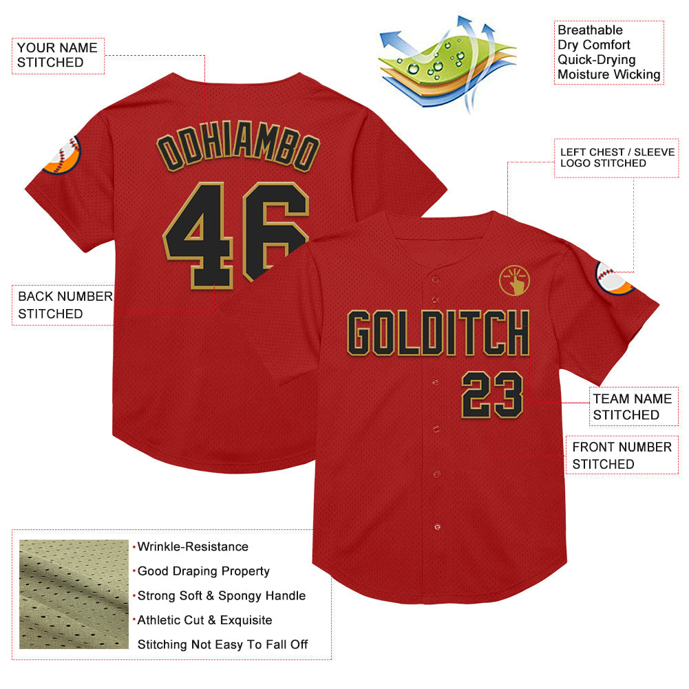 Custom Red Black-Old Gold Mesh Authentic Throwback Baseball Jersey - Sky-Custom