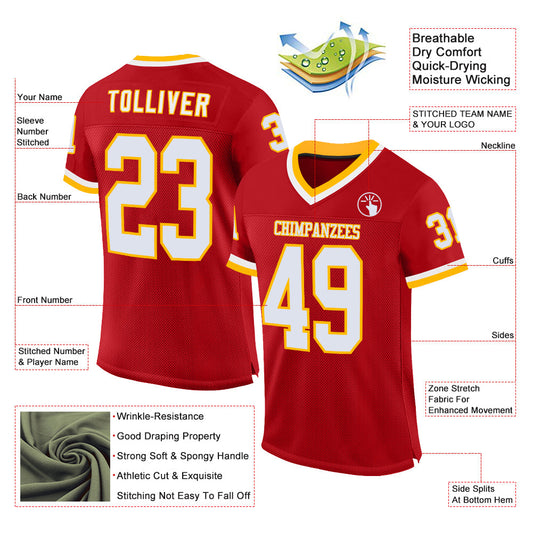 Custom Red White-Gold Mesh Authentic Throwback Football Jersey - Sky-Custom