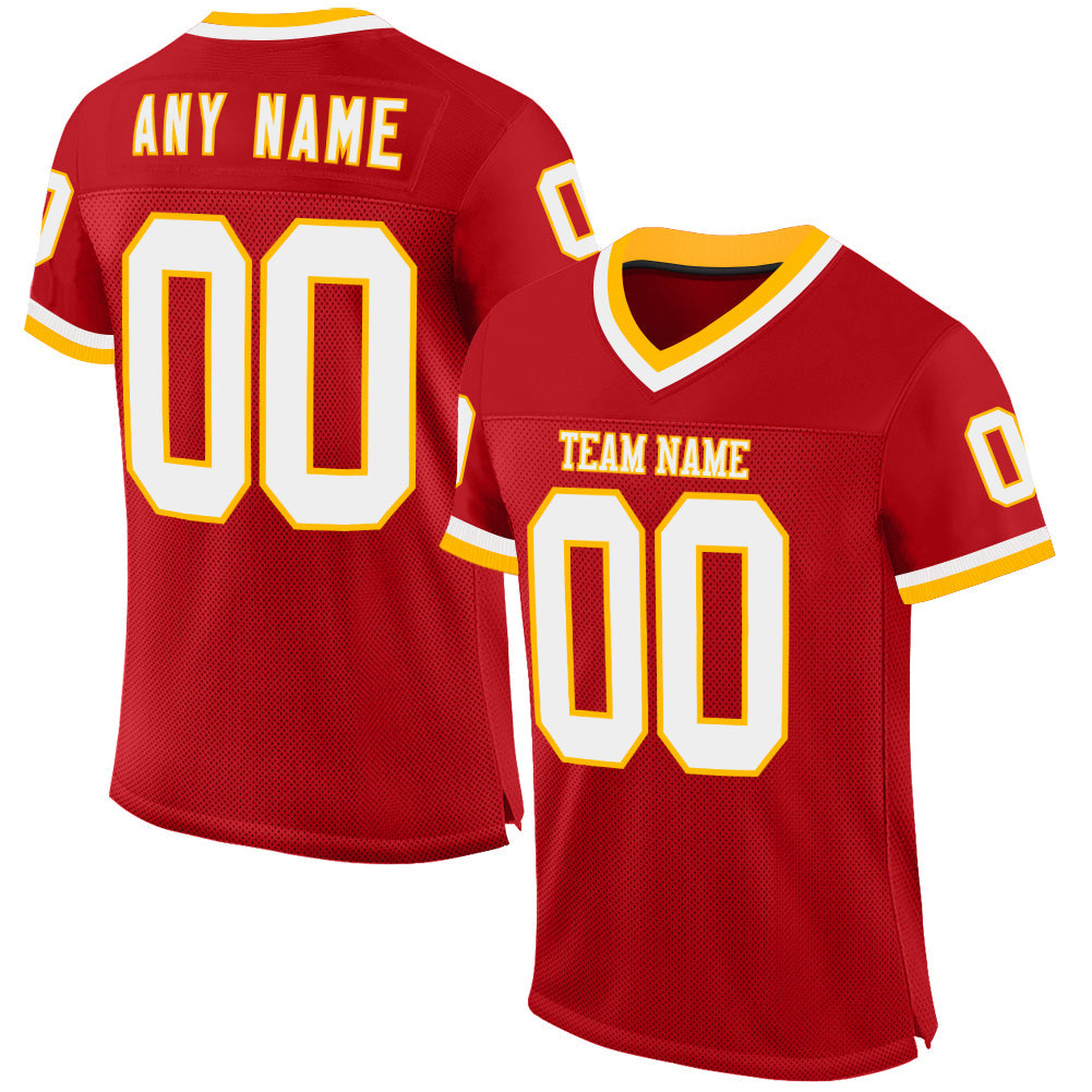 Custom Red White-Gold Mesh Authentic Throwback Football Jersey - Sky-Custom