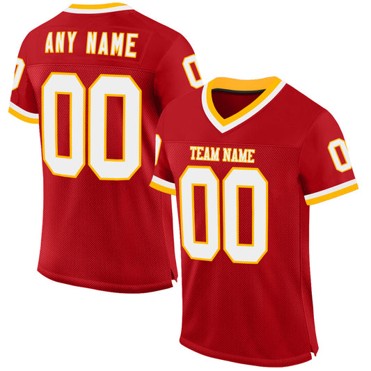 Custom Red White-Gold Mesh Authentic Throwback Football Jersey - Sky-Custom