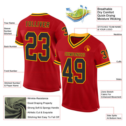 Custom Red Black-Gold Mesh Authentic Throwback Football Jersey - Sky-Custom