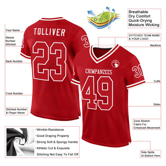 Custom Red White Mesh Authentic Throwback Football Jersey - Sky-Custom