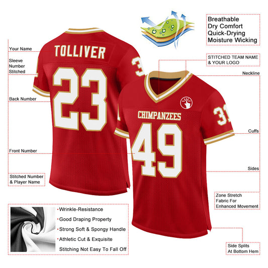 Custom Red White-Old Gold Mesh Authentic Throwback Football Jersey - Sky-Custom