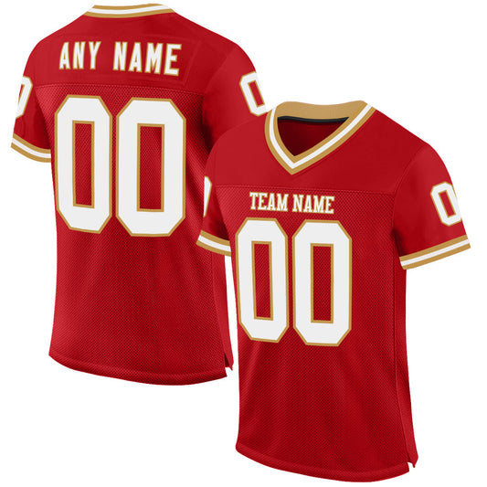 Custom Red White-Old Gold Mesh Authentic Throwback Football Jersey - Sky-Custom