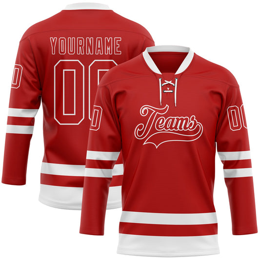 Custom Red White Hockey Lace Neck Jersey - Sky-Custom