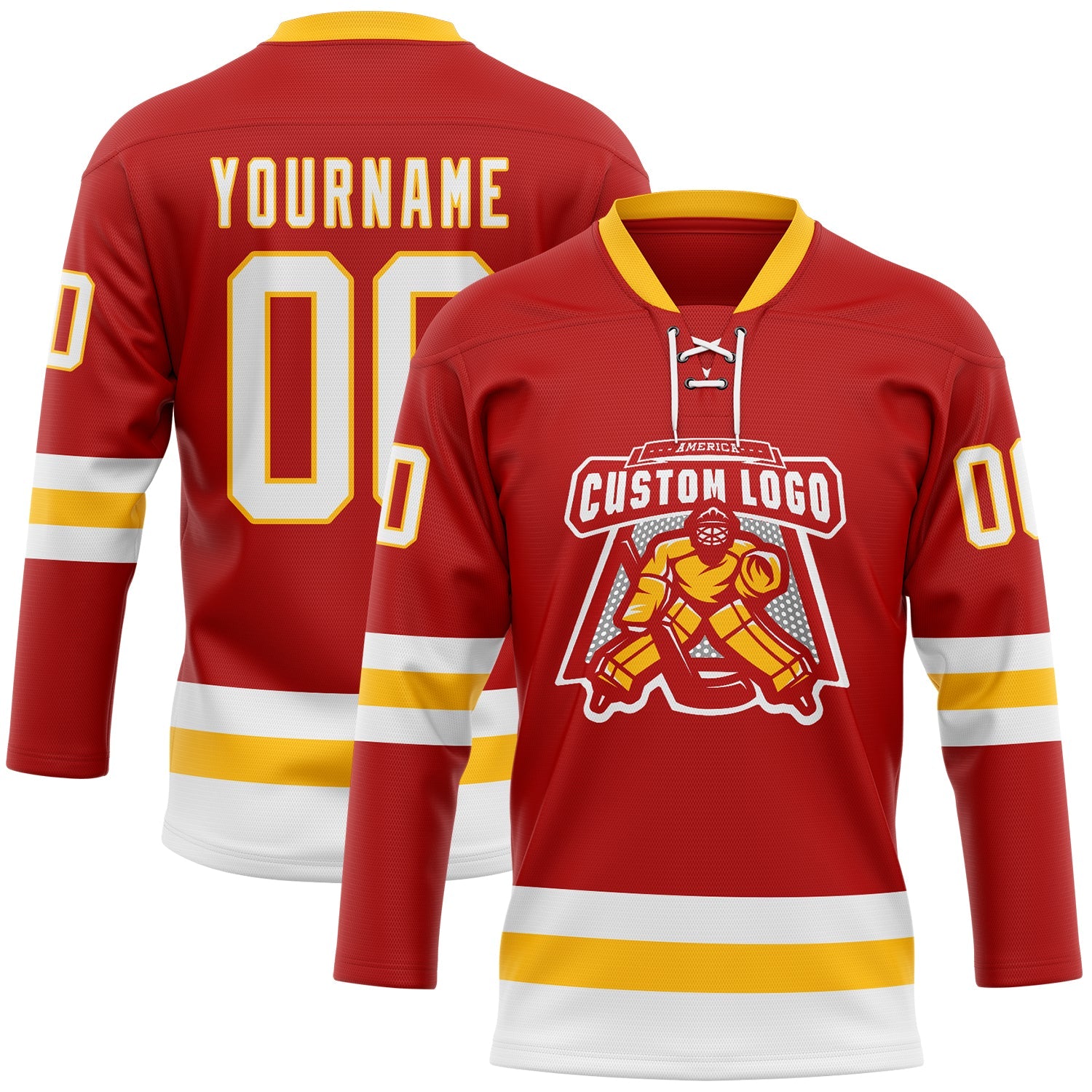 Custom Red White-Gold Hockey Lace Neck Jersey - Sky-Custom