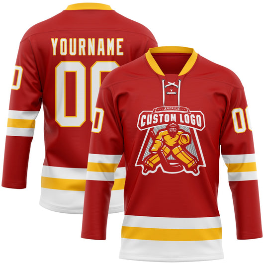 Custom Red White-Gold Hockey Lace Neck Jersey - Sky-Custom
