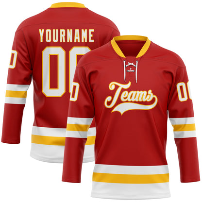 Custom Red White-Gold Hockey Lace Neck Jersey - Sky-Custom