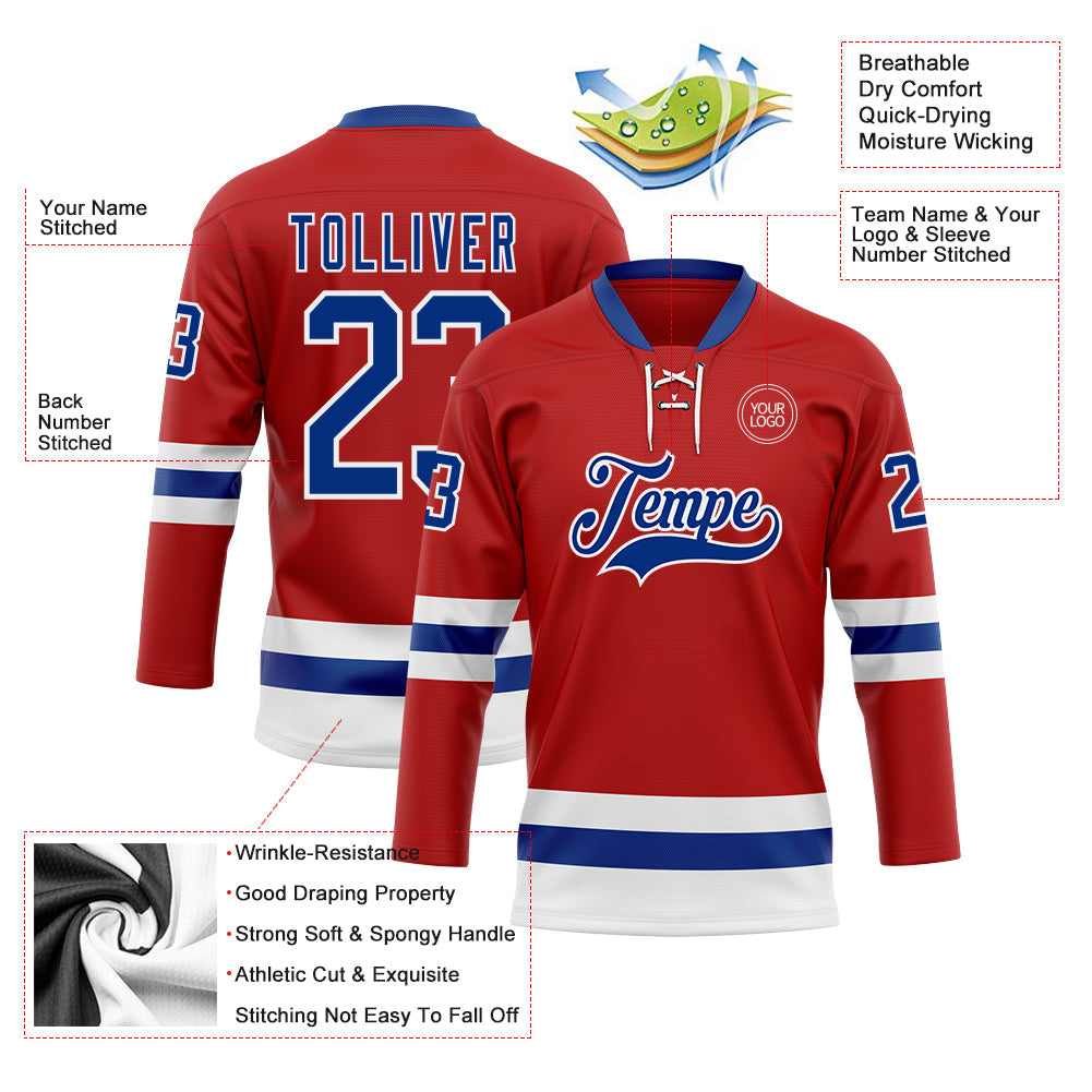 Custom Red Royal-White Hockey Lace Neck Jersey - Sky-Custom