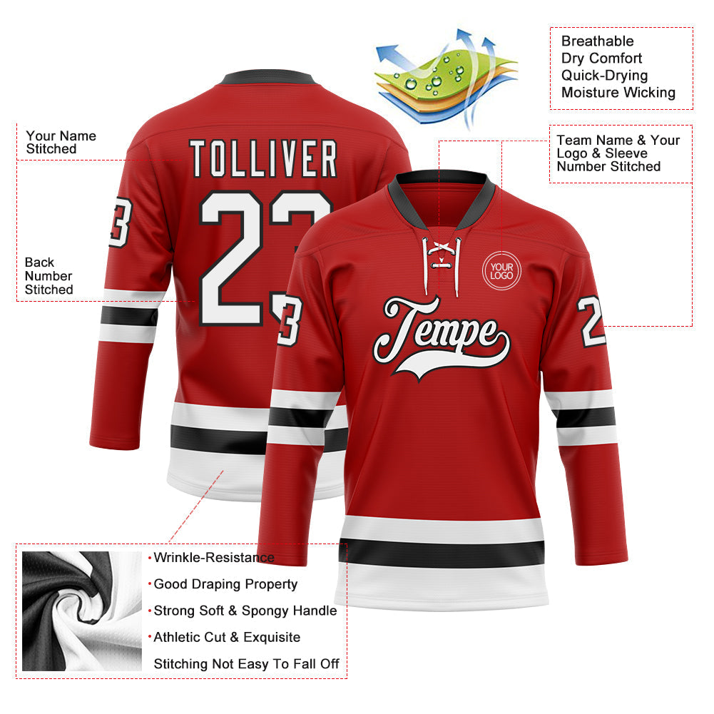 Custom Red White-Black Hockey Lace Neck Jersey - Sky-Custom