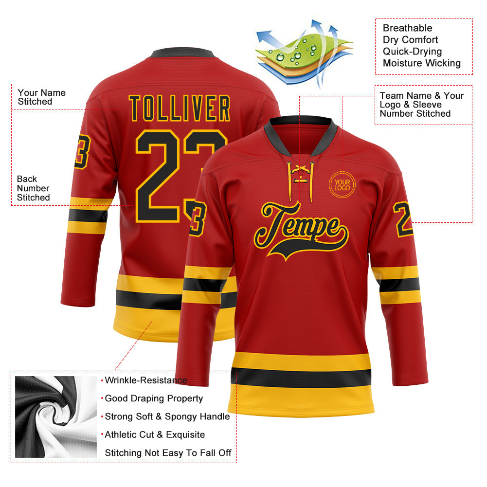 Custom Red Black-Gold Hockey Lace Neck Jersey - Sky-Custom