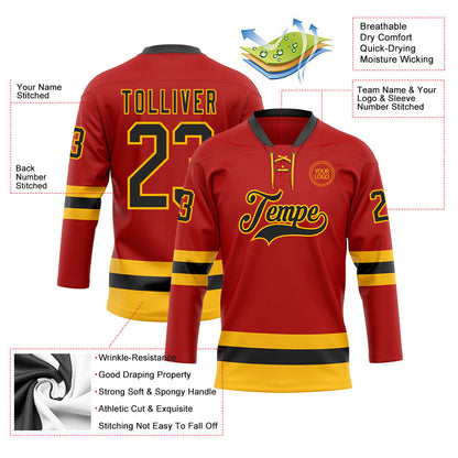 Custom Red Black-Gold Hockey Lace Neck Jersey - Sky-Custom
