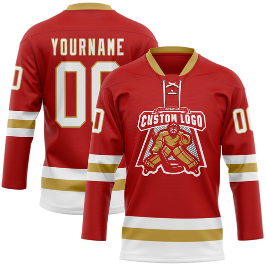 Custom Red White-Old Gold Hockey Lace Neck Jersey - Sky-Custom