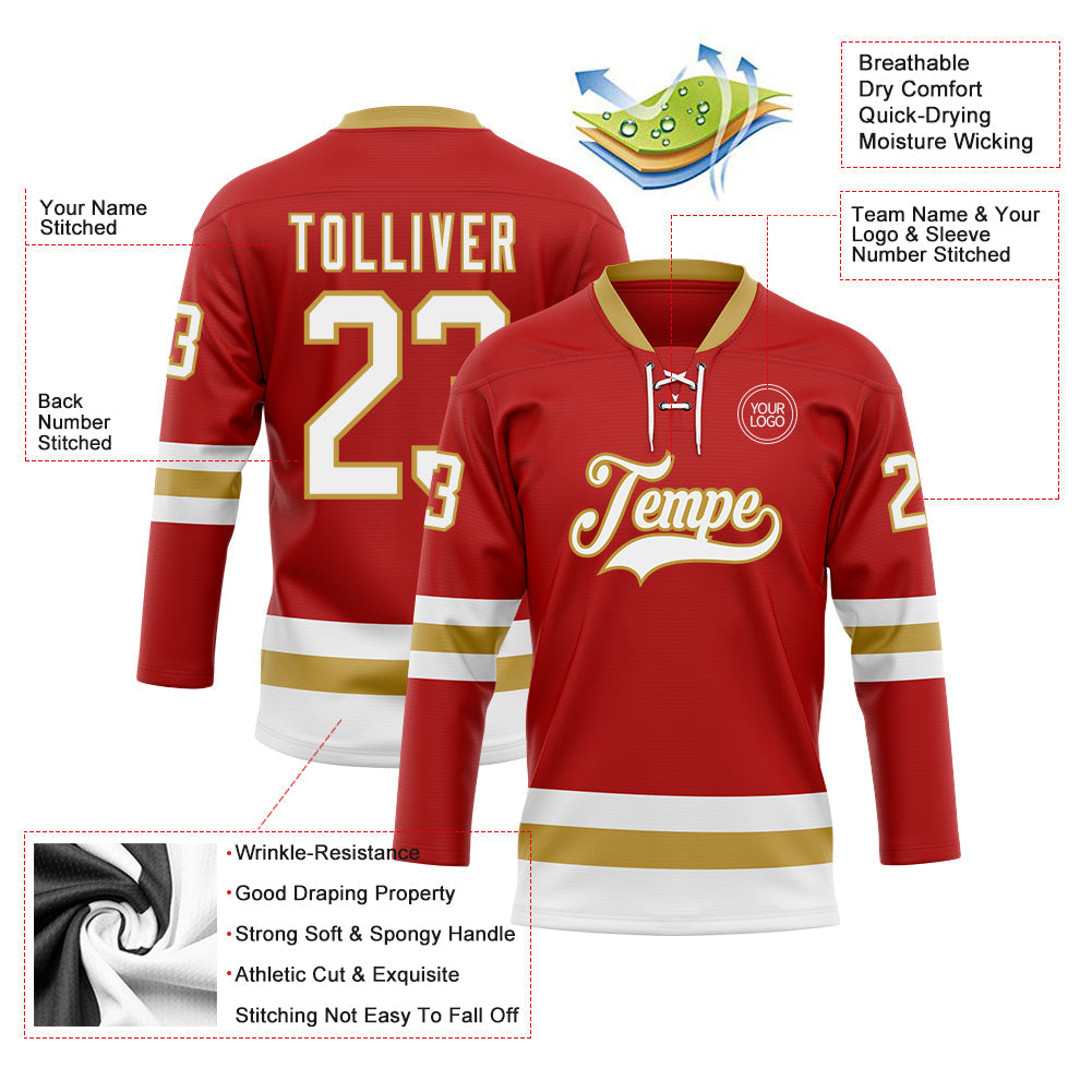 Custom Red White-Old Gold Hockey Lace Neck Jersey - Sky-Custom