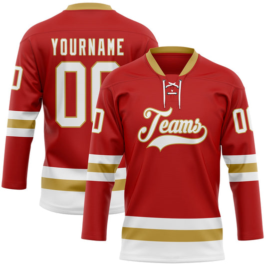 Custom Red White-Old Gold Hockey Lace Neck Jersey - Sky-Custom