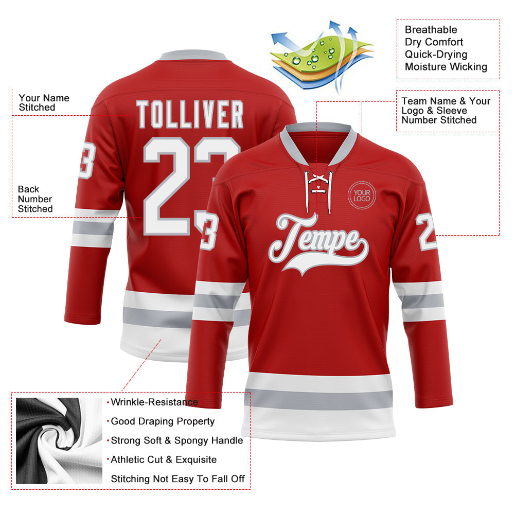 Custom Red White-Gray Hockey Lace Neck Jersey - Sky-Custom