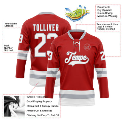 Custom Red White-Gray Hockey Lace Neck Jersey - Sky-Custom
