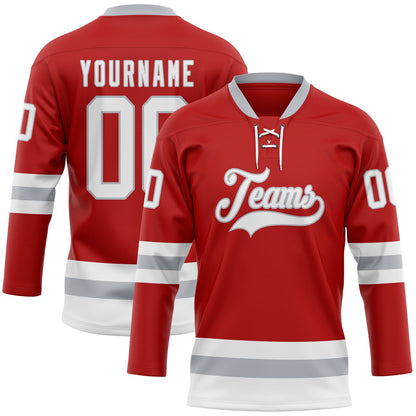 Custom Red White-Gray Hockey Lace Neck Jersey - Sky-Custom
