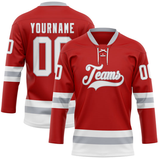 Custom Red White-Gray Hockey Lace Neck Jersey - Sky-Custom