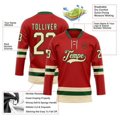 Custom Red Cream-Green Hockey Lace Neck Jersey - Sky-Custom