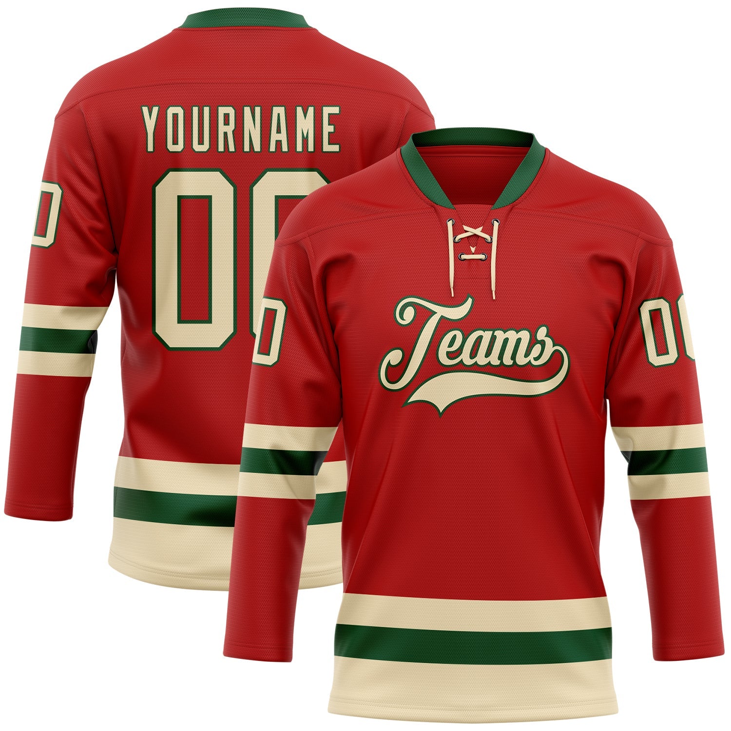 Custom Red Cream-Green Hockey Lace Neck Jersey - Sky-Custom