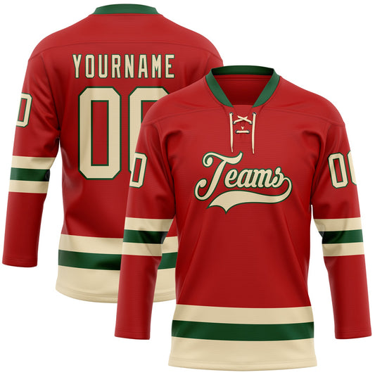 Custom Red Cream-Green Hockey Lace Neck Jersey - Sky-Custom