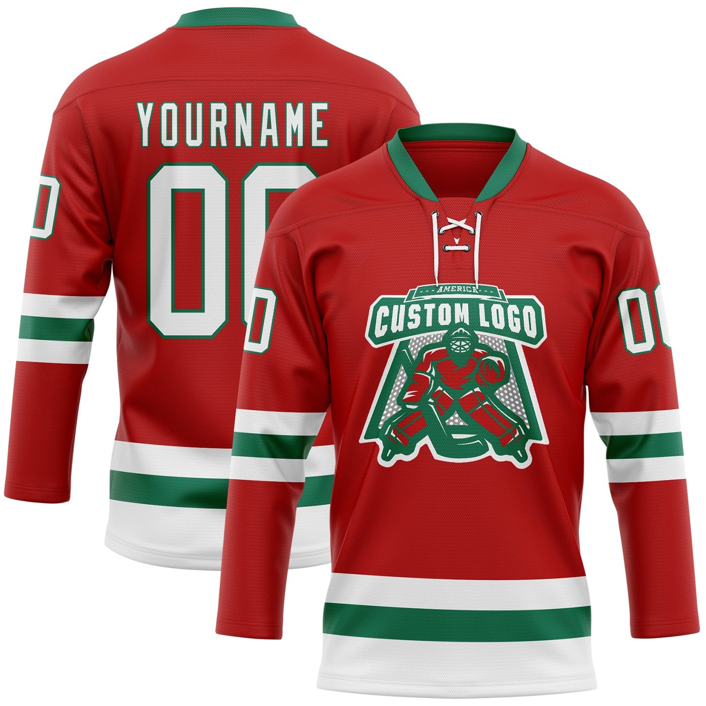 Custom Red White-Kelly Green Hockey Lace Neck Jersey - Sky-Custom