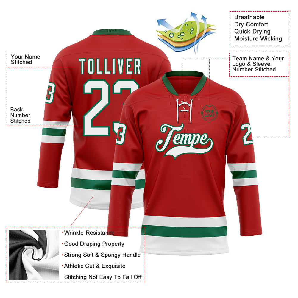 Custom Red White-Kelly Green Hockey Lace Neck Jersey - Sky-Custom