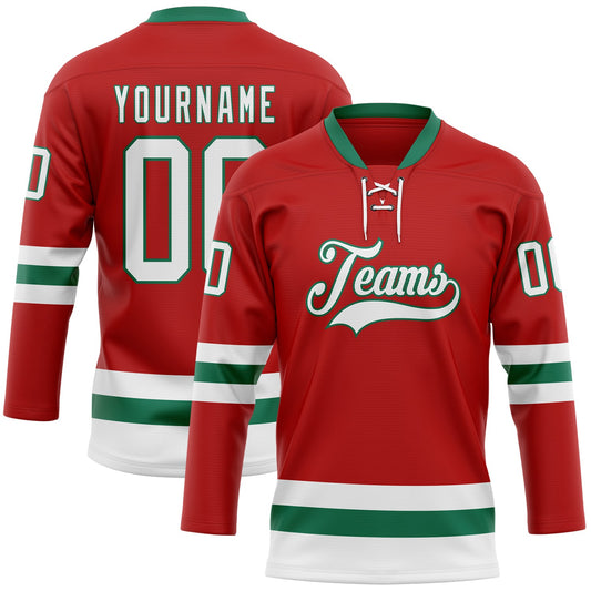 Custom Red White-Kelly Green Hockey Lace Neck Jersey - Sky-Custom