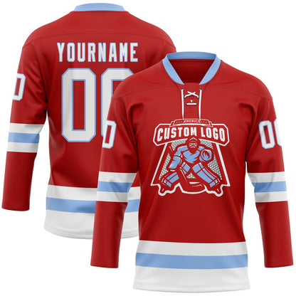 Custom Red White-Light Blue Hockey Lace Neck Jersey - Sky-Custom