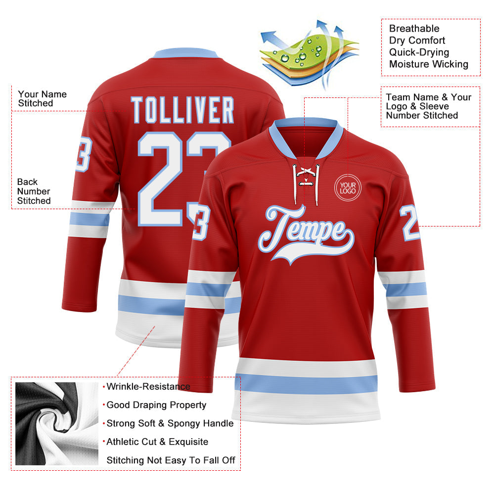 Custom Red White-Light Blue Hockey Lace Neck Jersey - Sky-Custom
