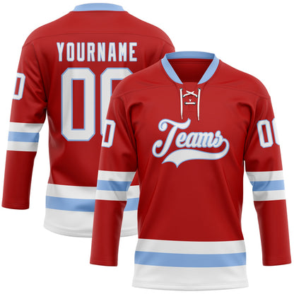 Custom Red White-Light Blue Hockey Lace Neck Jersey - Sky-Custom