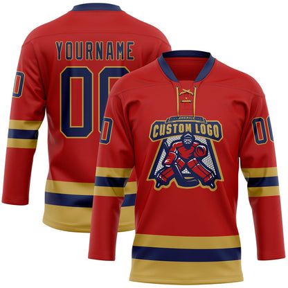 Custom Red Navy-Old Gold Hockey Lace Neck Jersey - Sky-Custom