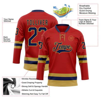 Custom Red Navy-Old Gold Hockey Lace Neck Jersey - Sky-Custom