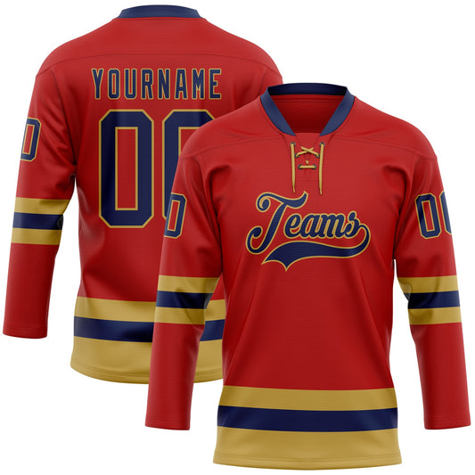 Custom Red Navy-Old Gold Hockey Lace Neck Jersey - Sky-Custom