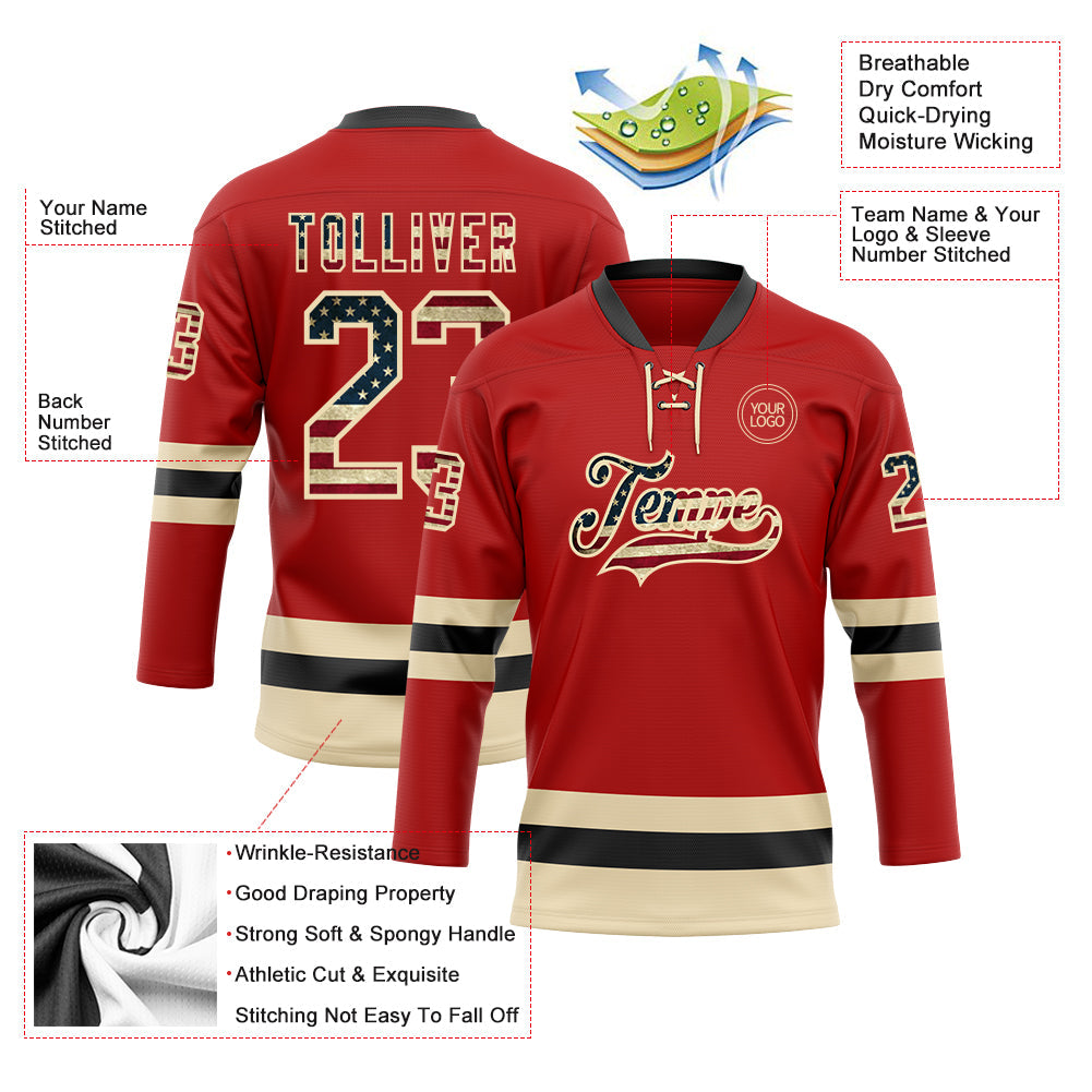 Custom Red Vintage USA Flag Cream-Black Hockey Lace Neck Jersey - Sky-Custom