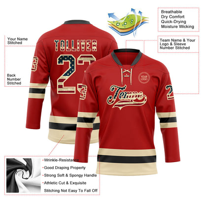 Custom Red Vintage USA Flag Cream-Black Hockey Lace Neck Jersey - Sky-Custom
