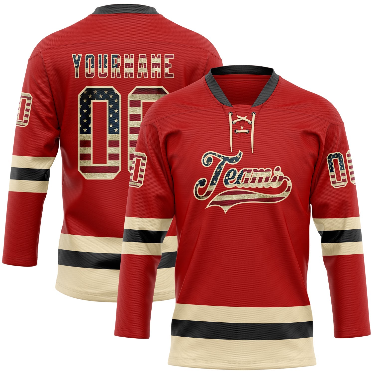 Custom Red Vintage USA Flag Cream-Black Hockey Lace Neck Jersey - Sky-Custom