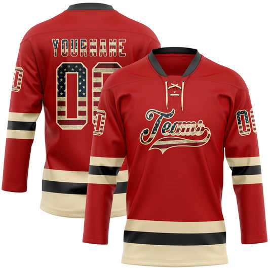 Custom Red Vintage USA Flag Cream-Black Hockey Lace Neck Jersey - Sky-Custom