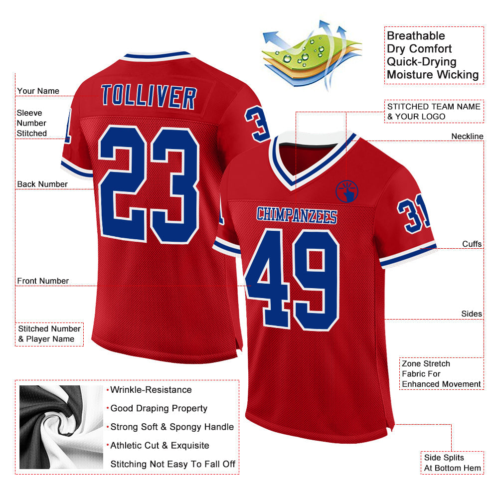 Custom Red Royal-White Mesh Authentic Throwback Football Jersey - Sky-Custom