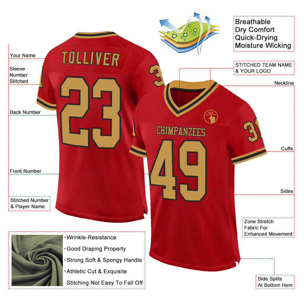 Custom Red Old Gold-Black Mesh Authentic Throwback Football Jersey - Sky-Custom