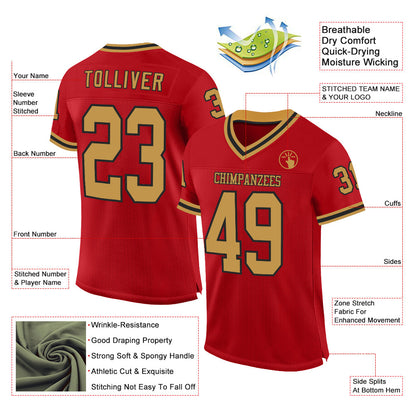Custom Red Old Gold-Black Mesh Authentic Throwback Football Jersey - Sky-Custom